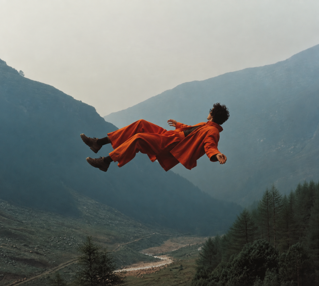 Artimins Studio — an editorial, creative and digital agency for artists, galleries and cultural institutions. A figure in orange floats above a misty mountain valley, symbolising trust, creative freedom and the possibilities of working together.